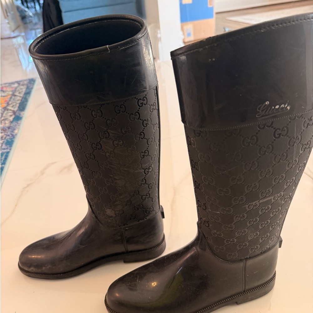 Gucci Black Embossed GG Tall Rain Boots